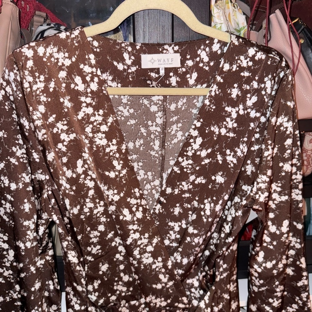 Wayf Long Sleeve Floral Dress - Brown and Cream - Picture 2 of 9